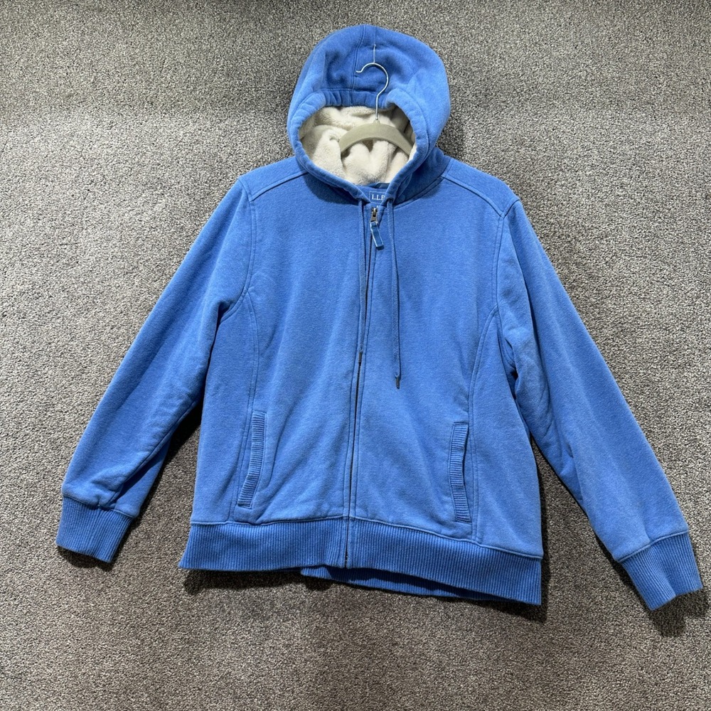 LL Bean Womens Blue Sherpa Fleece Lined Full Zip Hoodie Jacket M Petite 501037